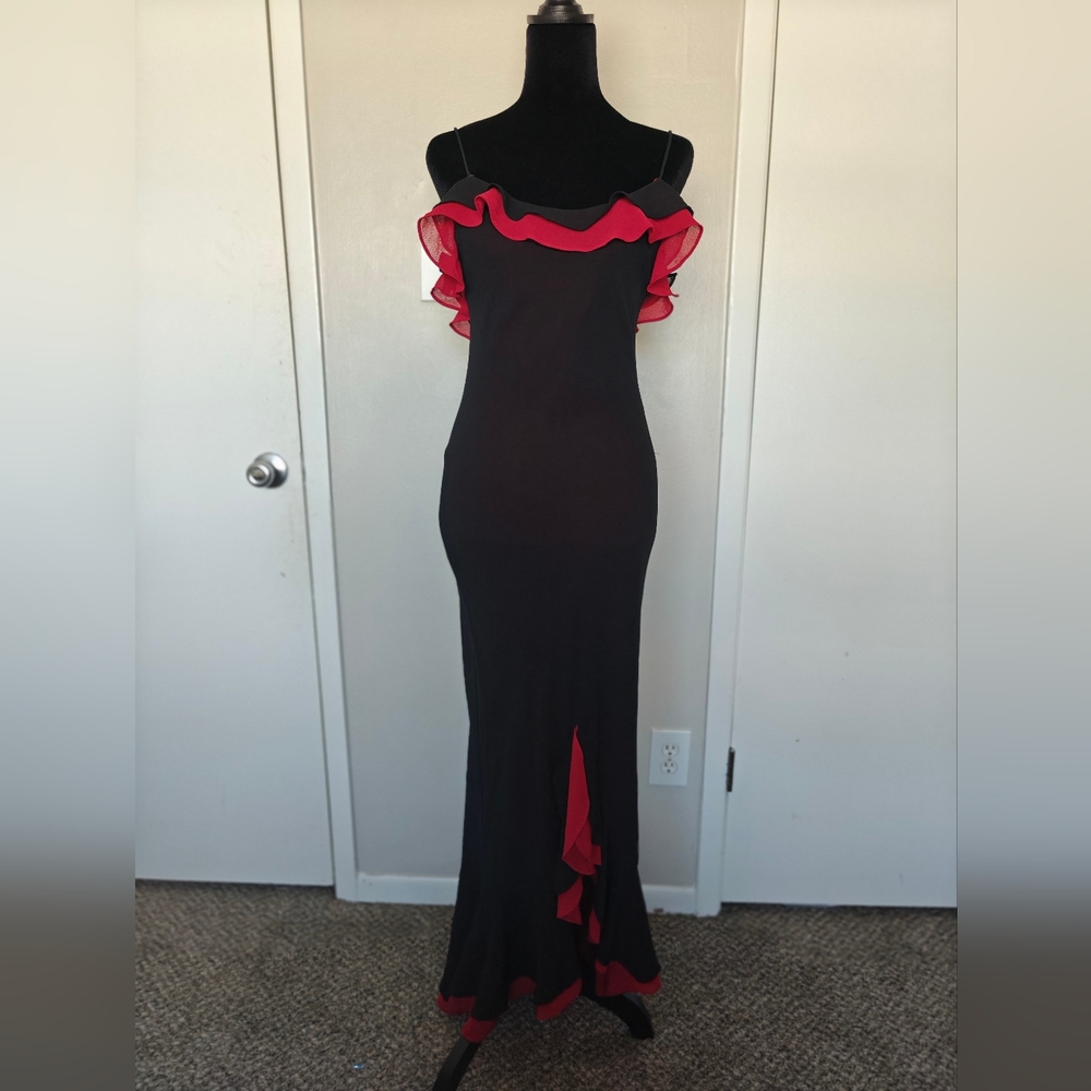 vintage Betsy & Adam By Jaslene black red hi-low ruffle cocktail dress 6
